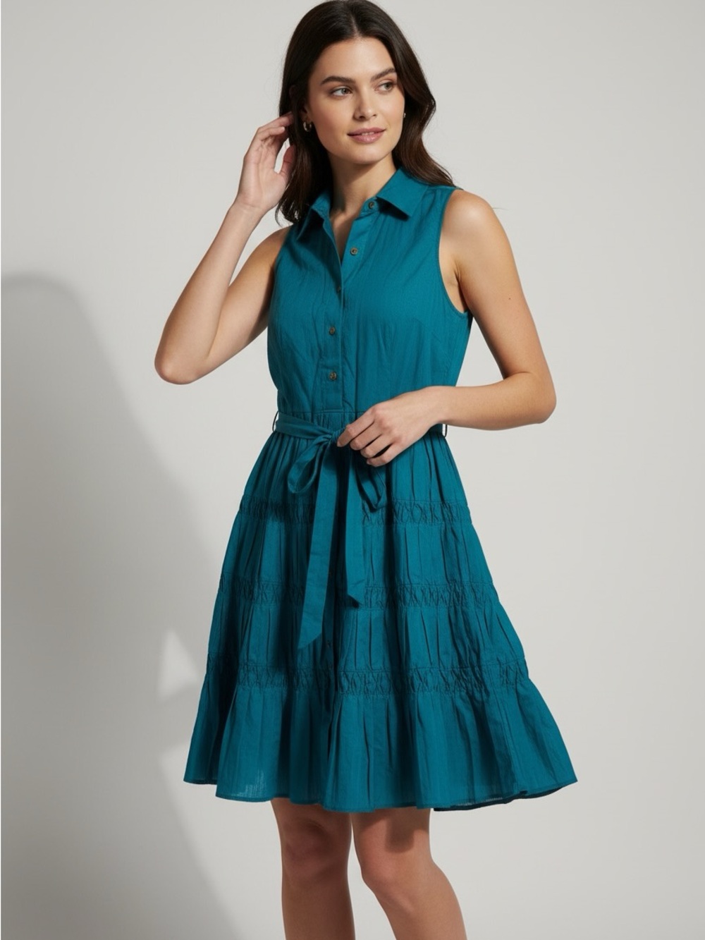 New Anne Klein Teal Sleeveless Shirt Dress with Tie Waist size 2 P